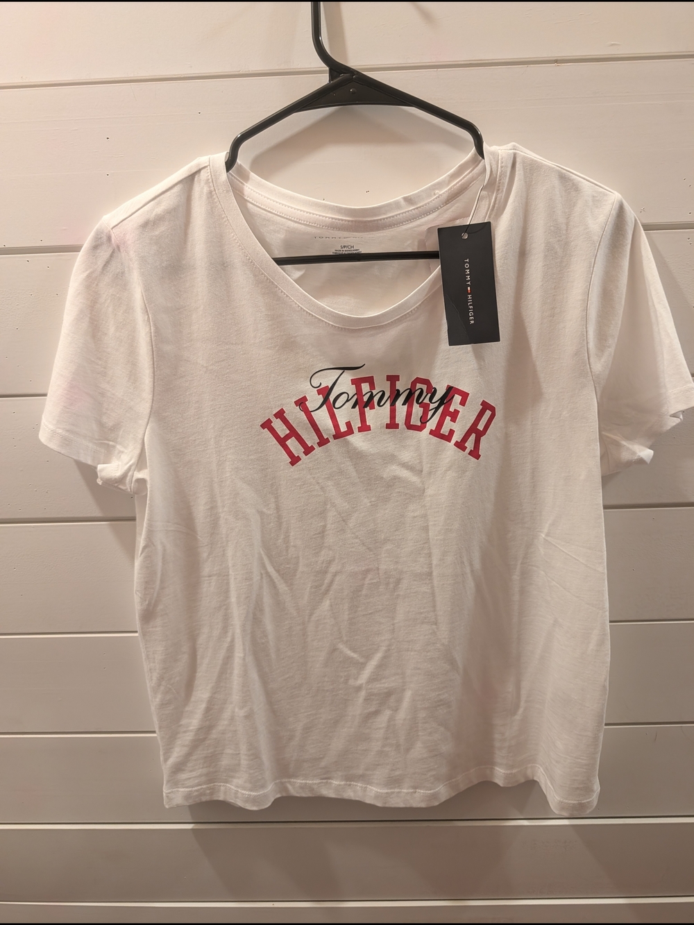 Tommy Hilfiger White Tee with Red Block Logo and Black Script